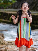 Hidehanky Robe d'été en taffetas pour petites filles, style vacances à l'île, avec bretelles spaghetti et motif arc-en-ciel, longueur genou, coupe trapèze