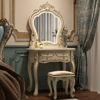 Table de toilette moderne de style européen en blanc crème avec miroir éclairé, panneau en bois, meubles de chambre à coucher