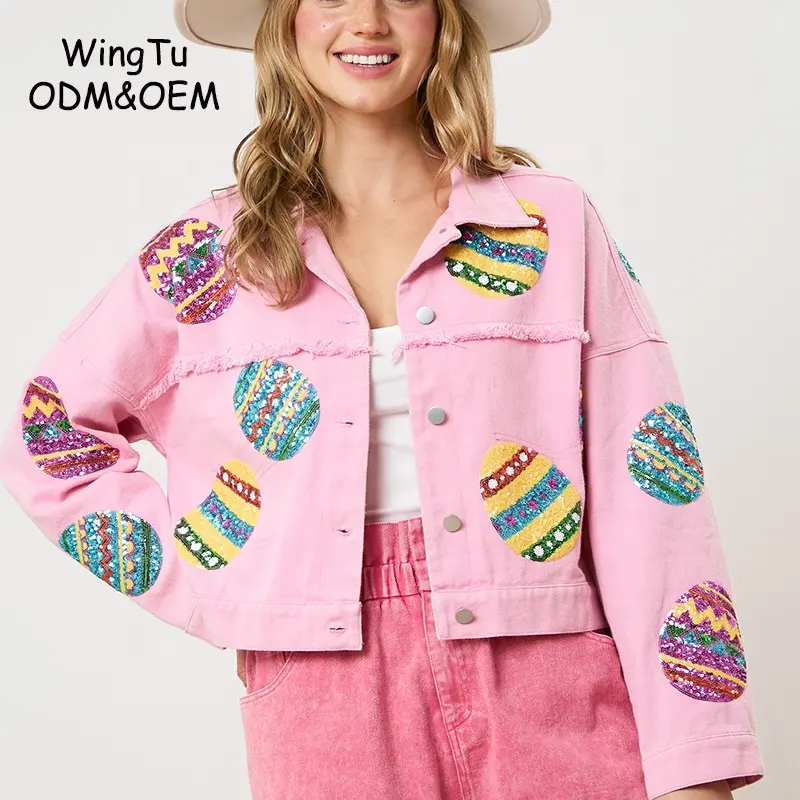 WINGTU jaket bordir telur Paskah wanita, jaket Denim payet merah muda, jaket bordir Logo kustom untuk wanita