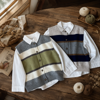 Ensemble gilet et chemise en tricot rayé pour enfants, col en V à rayures audacieuses, boutonnage, tenue deux pièces preppy pour garçons et filles, vente en gros OEM