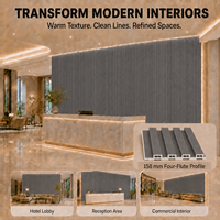 Panneau mural cannelé en WPC grain de bois gris MORLENX 158 mm, à quatre rainures, creux, pour revêtement mural décoratif intérieur pour espaces modernes