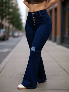 Jean en denim évasé taille haute pour femme, style urbain, élastique, déchiré, longueur intégrale avec détails boutonnés, style automne - Product Image 2