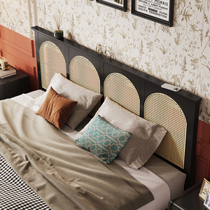 Italian Minimalist <b>Double</b> 1.8m Solid Wood Black <b>Bed</b> Platform Frame Rattan Headboard Bedroom Furniture - Product Image 1