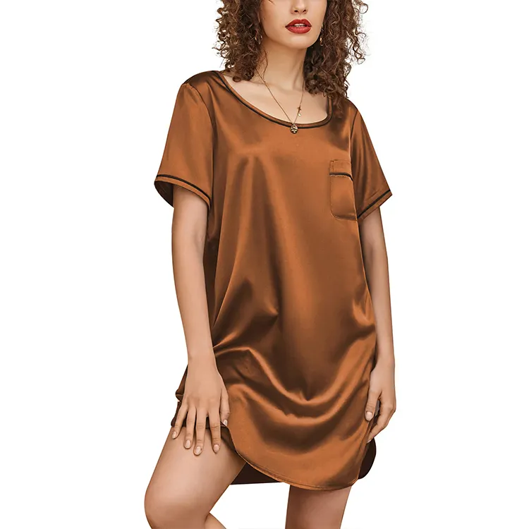 Women's Silk Nightgown Short Sleeve T Shirt Dress Loose Scoop Neck Nightshirt Satin Sleep Dress