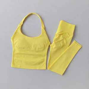 Set 2 Pezzi Pantaloni <span class=keywords><strong>Fitness</strong></span> a Vita Alta Color Pesca Tinta Unita Taglie Forti, Effetto Push-Up, in Spandex/Nylon, con Spalline Halter, Asciugatura Rapida, Lunghezza Intera - Product Image 5