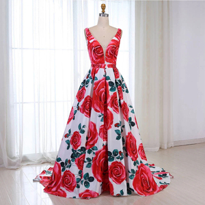 Ingrosso senza maniche lussuoso <span class=keywords><strong>Vintage</strong></span> elegante banchetto <span class=keywords><strong>rosso</strong></span> floreale senza spalline per feste in raso <span class=keywords><strong>abito</strong></span> da sera da donna abiti da ballo - Product Image 1