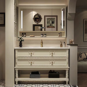 Mueble de baño retro francés con lavabo doble, lavabo de cerámica integrado - Product Image 6