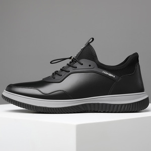 Mocassins en cuir pour hommes, bout rond, à lacets, doublure en maille respirante, semelle en caoutchouc, style britannique, chaussures décontractées toutes saisons - Product Image 1