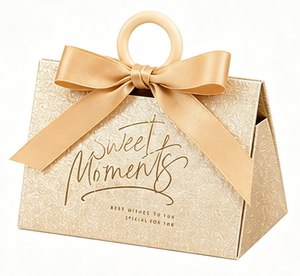 Custom Champagne Gold Textured Paper Gift <b>Box</b> with Wooden <b>Ring</b> Handle Satin Ribbon Bow Packaging for Luxury Jewelry Wholesale - Product Image 1