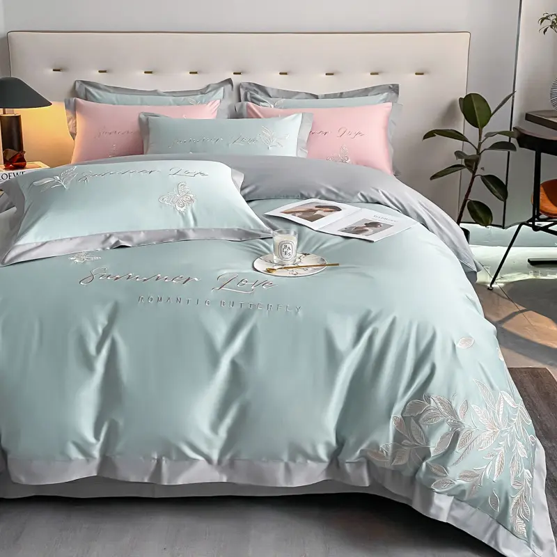 High Quality Embroidered Comforter Cover 180S Cotton Comfortable Queen Size 4Pcs Duvet Cover Set With Bed Sheets