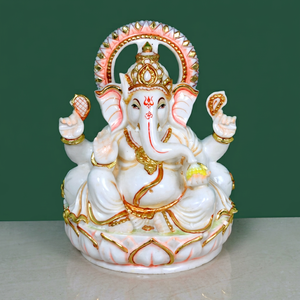 Statue de Ganesha assis en résine et marbre, artisanat Nirmala |   Idole du Seigneur Vinayaka avec halo rayonnant et accents dorés - Product Image 3