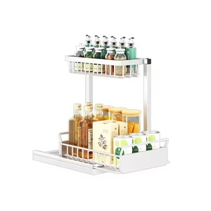 Organisateur de <span class=keywords><strong>cuisine</strong></span> étagère d'évier empilable à 2 niveaux sous l'évier organisateur d'armoire supports de rangement en métal et étagères Double Rectangle Spice - Product Image 5