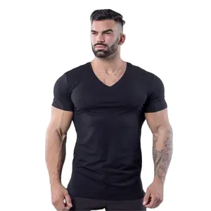 V-neck 100% cotton Sports running High quality adult Custom breathable fitness body building short sleeve men t-shirts