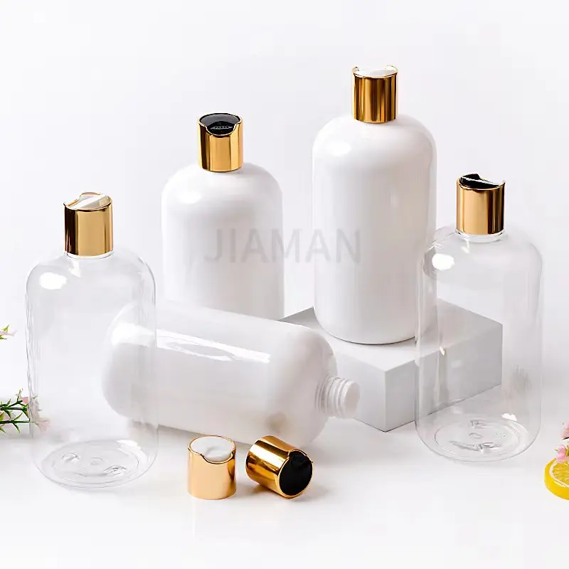 16 oz 500ml Klarweiß Quetschbare nachfüllbare Behälter für leere Shampoo-Plastik flaschen mit goldenen silbernen Scheiben kappen