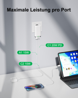 Chargeur rapide 20W PD GaN USB-C 2C1A compact avec prise EU pliable certifié CE UKCA pour téléphone portable et écouteurs