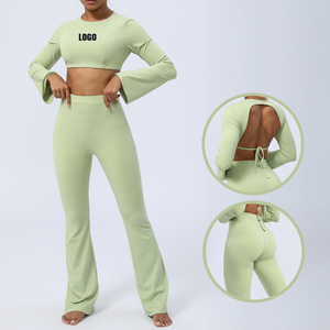 Ropa Deportiva Mujer 2023 Tenue De Sport <span class=keywords><strong>Femme</strong></span> <span class=keywords><strong>Fitness</strong></span> vêtements de sport dos nu haut court pantalon évasé entraînement Yoga ensembles <span class=keywords><strong>Fitness</strong></span> femmes - Product Image 4