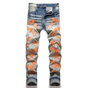 Пятиконечная звезда патч Высокое качество Y2K мужские узкие джинсовые брюки потертые Дизайнерские Джинсы пуговицы