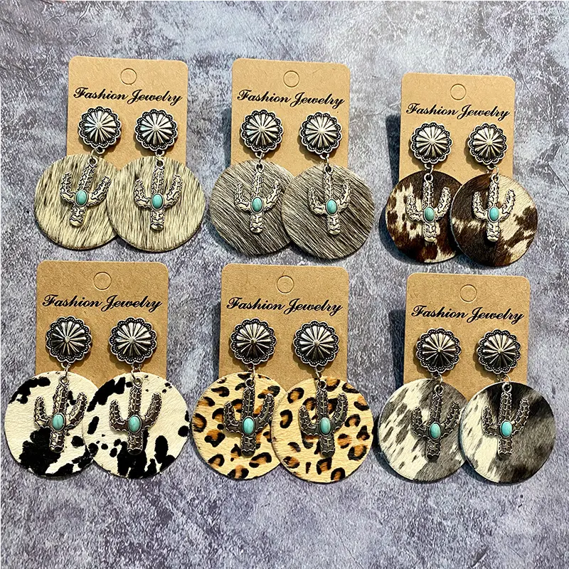 New leopard print leather earrings Bohemian horsehair cactus pendant charm hoop earrings jewelry girl