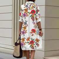 Robe chemise midi décontractée à col à revers, manches mi-longues, boutonnée, imprimé floral contrastant, poches, en polyester