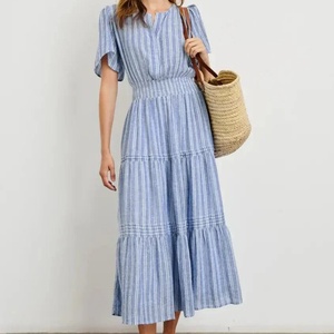 Nouvelle Arrivée Robe Midi Femme en Lin Mélangé de Haute Qualité, Manches Courtes, Décontractée, Froncée, Coupe Ajustée, Formelle - Product Image 1