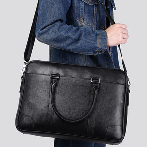 Men's Genuine Leather <b>Briefcase</b> Black Top Grain Cowhide Business Travel Laptop Bag Zipper Closure Solid Color - Product Image 2