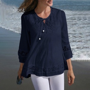 Camiseta mujer primavera otoño algodón Lino empalme encaje temperamento 3/4 manga suelta Top camiseta ropa de mujer - Product Image 3