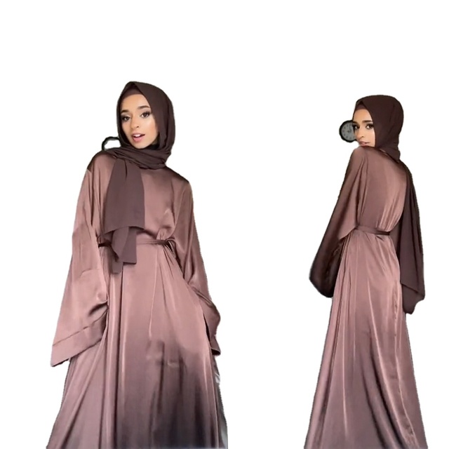 Wholesale Islamic Clothing Modest Dubai Luxurious Match Set Women Girl Robe Muslim Satin Silk Dress Abaya