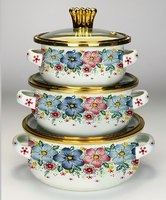Ensemble de batterie de cuisine émaillée au design floral moderne, comprenant une marmite en verre à double poignée avec couvercle, compatible induction, pour mijoter, faitout et casseroles