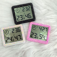 Thermomètre Hygromètre Numérique DIY Pinky Salon Decor pour Extensions de Cils, Mini Thermomètre d'Humidité Intérieur avec Strass