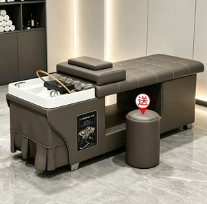 Sillón de peluquería de cuero negro con lavacabezas para spa capilar, tratamiento capilar y masaje, con lavabo - Product Image 3