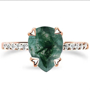 Women's <b>925</b> <b>Silver</b> Pear Cut Moss Agate Engagement <b>Ring</b> Prong Setting Pave Diamond Band Romantic Style - Product Image 1