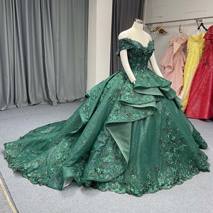 Lsany277 Dark Green Quinceanera Ball Gown Sequined Tiered <b>Ruffle</b> Floral Applique <b>Dress</b> With Train For Sweet 15 Jancember - Product Image 4