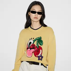 YT Women's Yellow Embroidered Cotton Sweatshirt Girls Knitted Tops