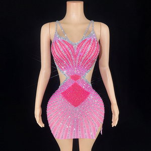 Ropa <span class=keywords><strong>de</strong></span> verano para mujer, tirantes, diamantes rosas, malla elástica, mini vestido sexy, vestidos <span class=keywords><strong>de</strong></span> noche para fiesta <span class=keywords><strong>de</strong></span> graduación, <span class=keywords><strong>sala</strong></span> <span class=keywords><strong>de</strong></span> <span class=keywords><strong>baile</strong></span> - Product Image 2