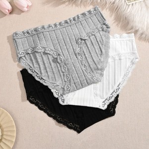 Wholesale Solid Color Panties Soft Vertical Strip Cotton Full Lace Waist &amp; <strong>Leg</strong> <strong>Opening</strong> Mid Rise Daily <strong>Women</strong> Underwear - Product Image 3