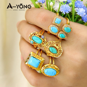 Turquoise Adjustable Wedding Rings 21k Copper Gold Plated Vintage Rings Jewelry for Dubai Middle East Womens - Product Image 3