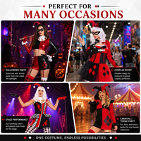 Costume de cosplay Harley Quinn rouge, noir et blanc, sexy, pour femmes, vente chaude 2026, costumes de clown pour Halloween