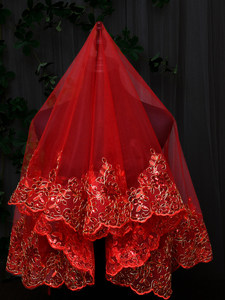 Hiyab Rojo para Novia, Velo Translúcido con Apliques para Boda, Vestido Xiuhe, Pañuelo para la Cabeza para Boda China, Ceremonia, Hecho en China - Product Image 5
