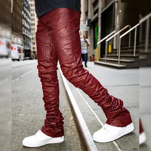 Jeans Diznew Wholesale Custom Design Slim Fit Stacked Flare Leg Red Waxed Denim Jeans Men