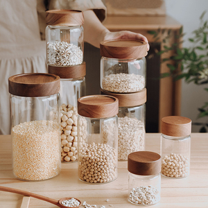 Wholesale Modern <b>Kitchen</b> <b>Storage</b> <b>Jar</b> Thread Type Borosilicate Glass Food <b>Storage</b> Airtight Acacia Wooden Screw Lid Custom Logo - Product Image 5