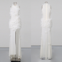 Nouvelle Robe Longue Élégante Blanche en Plumes 3D pour Femme, Col Rond, Sans Manches, Fente Haute, Coupe Sirène en Mousseline, Idéale pour Mariage et Soirée, Vente en Gros
