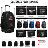 Sac à dos de baseball à roulettes en polyester avec logo personnalisé, fermeture éclair, grande capacité, porte-bâtons, compartiment pour casque et chaussures