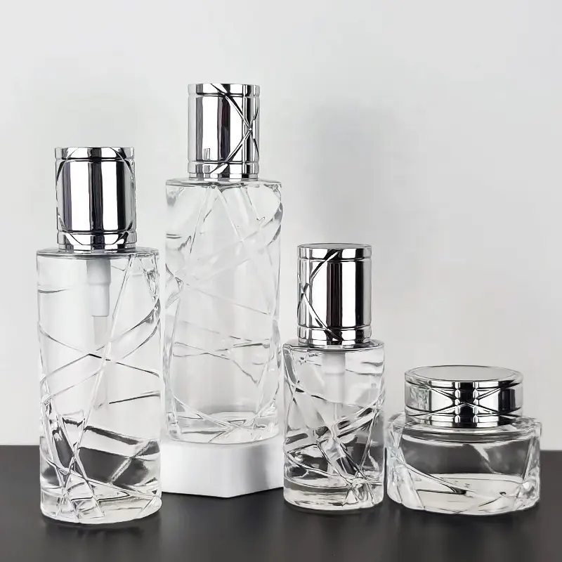 Hot Sale Luxury 1oz Skincare Packaging Glass Bottle thin bottom Unique Texture Cosmetic Bottle Set Cosmetic Packaging