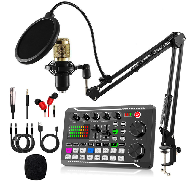 Podcast Equipment Bundle Sound Card DJ Mixer Portable ALL-IN-ONE Podcast Production Studio Sound Board with Condenser Microphone