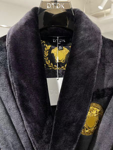 European High Quality Velvet <strong>Dressing</strong> <strong>Gown</strong> Absorbent Printed Embroidered <strong>Men's</strong> Long Sleeve Pocket <strong>Black</strong> Gold Bathrobe - Product Image 4