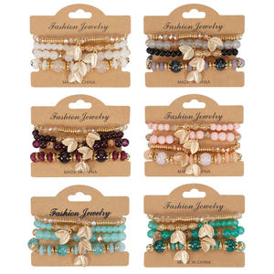 Fashion Jewelry <b>Beaded</b> <b>Bracelets</b> Set Gold Plated Leaf Charm Women's Bohemia Style Multilayer Stretch <b>Bracelet</b> Made In China - Product Image 1