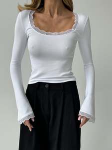 Top a Maniche Lunghe Personalizzato per Donna, Maglietta <span class=keywords><strong>Bianca</strong></span> Sexy e Alla Moda, Vestibilità Slim - Product Image 1