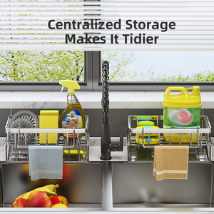 Support à éponges multifonction moderne pour évier de cuisine, en acier au carbone antirouille, avec plateau d'auto-drainage - Product Image 3