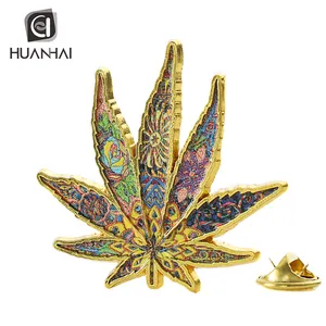 custom metal gold plated leaves shaped maple leaf offset printing lapel pin brooch