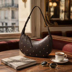 Brown Fashion Studded Single Strap Hobo Shoulder <b>Bag</b> Half Moon Satchel PU Zipper <b>Underarm</b> for Daily Travel Shopping - Product Image 5
